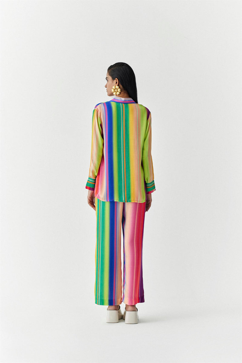 New Season Summer to Fall 2023-Co-ord Rainbow Shirt Trousers Vegan Silk Multi Color Stirpe Print -Studio Rigu-Fashion Edit Amazonico - Shop Cult Modern