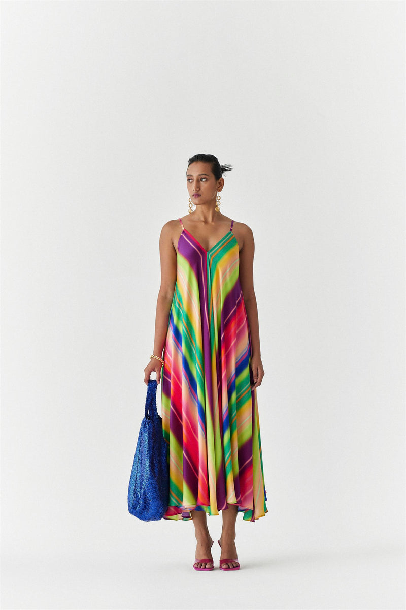 New Season Summer to Fall 2024-Dress Rainbow Strappy Vegan Silk Multi Color Stirpe Print -Studio Rigu-Fashion Edit Amazonico - Shop Cult Modern