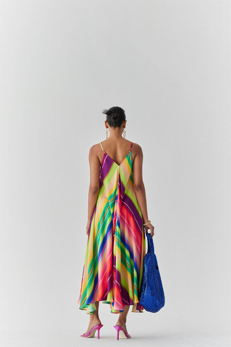 New Season Summer to Fall 2023-Dress Rainbow Strappy Vegan Silk Multi Color Stirpe Print -Studio Rigu-Fashion Edit Amazonico - Shop Cult Modern