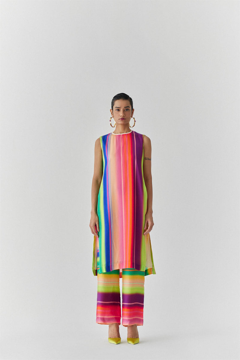 New Season Summer to Fall 2023-Co-ord Rainbow Kurta Pants Vegan Silk Multi Color Stirpe Print -Studio Rigu-Fashion Edit Amazonico - Shop Cult Modern