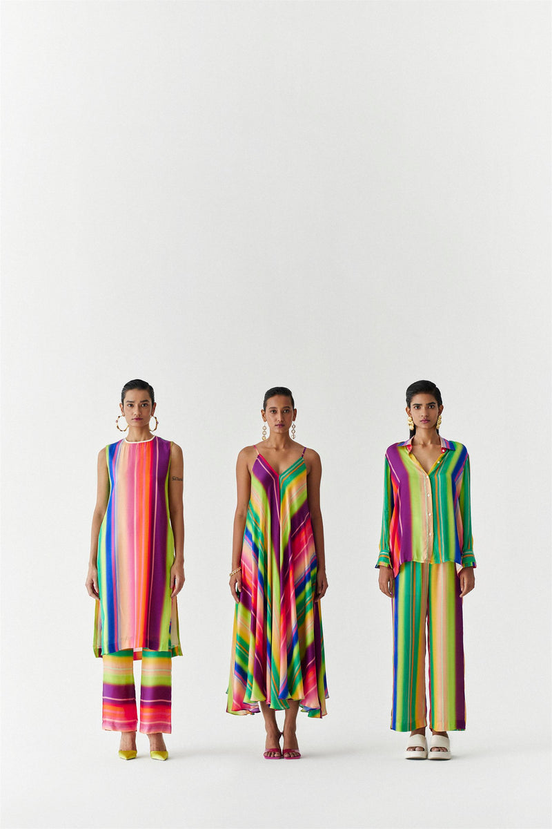 New Season Summer to Fall 2023-Co-ord Rainbow Kurta Pants Vegan Silk Multi Color Stirpe Print -Studio Rigu-Fashion Edit Amazonico - Shop Cult Modern