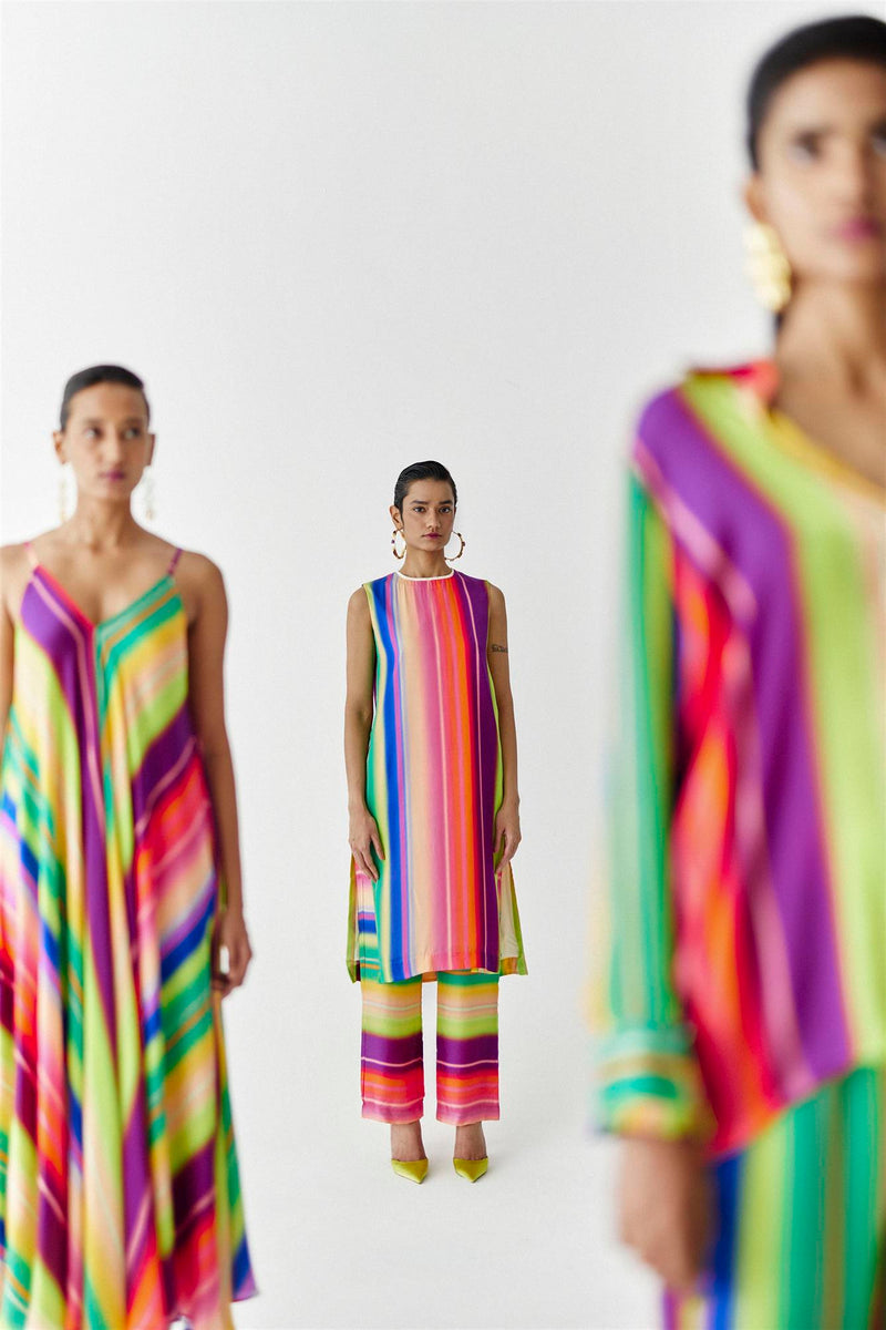New Season Summer to Fall 2023-Dress Rainbow Strappy Vegan Silk Multi Color Stirpe Print -Studio Rigu-Fashion Edit Amazonico - Shop Cult Modern