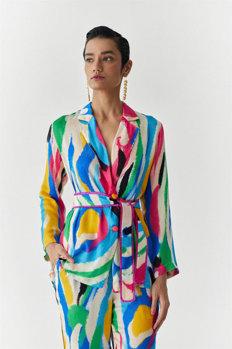 New Season Summer to Fall 2023-Co-ord Brush Stroke Blazer Shirt Trousers Vegan Silk Multi Color Abstract Print-Studio Rigu-Fashion Edit Amazonico - Shop Cult Modern