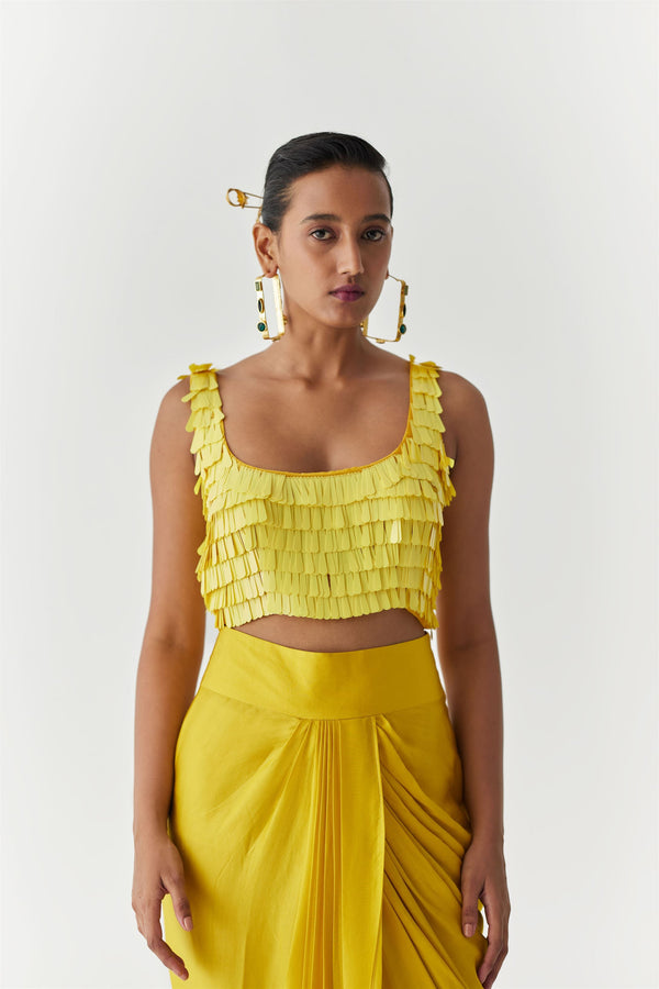 New Season Summer to Fall 2023-Co-ord Canary Sequin Blouse Knot Skirt Vegan Silk Yellow-Studio Rigu-Fashion Edit Amazonico - Shop Cult Modern