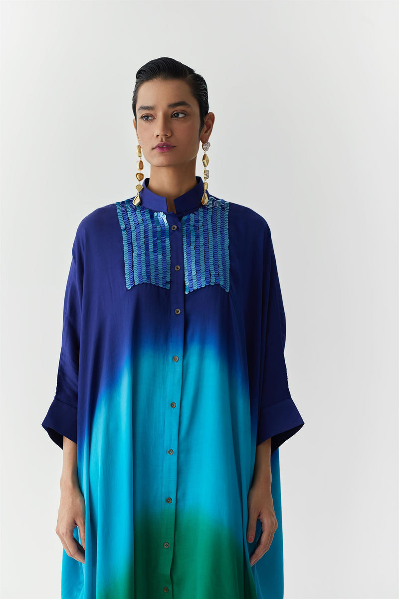 New Season Summer to Fall 2023-Kimono Dead Sea Vegan Silk Blue to Turquoise Blue to Green-Studio Rigu-Fashion Edit Amazonico - Shop Cult Modern
