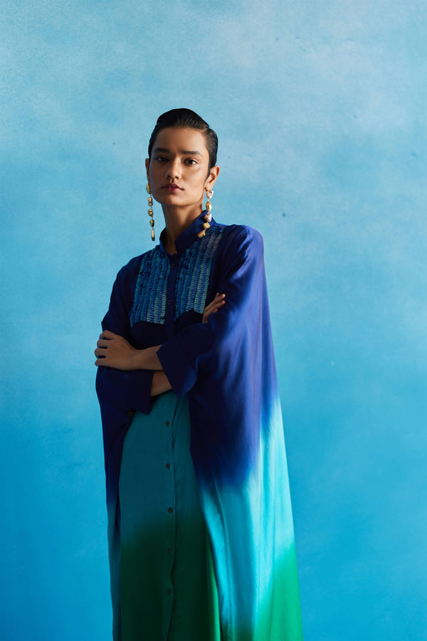 New Season Summer to Fall 2023-Kimono Dead Sea Vegan Silk Blue to Turquoise Blue to Green-Studio Rigu-Fashion Edit Amazonico - Shop Cult Modern
