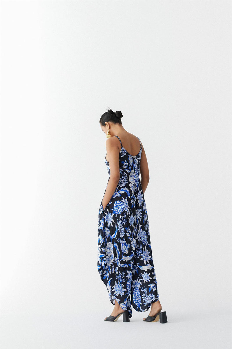 New Season Summer to Fall 2023-Co-ord Jumpsuit Cape Vegan Silk Black Blue Pineapple Print-Studio Rigu-Fashion Edit Amazonico - Shop Cult Modern