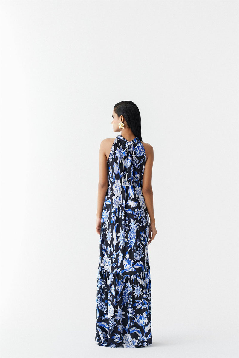 New Season Summer to Fall 2023-Dress Halter Vegan Silk Black Blue Pineapple Print-Studio Rigu-Fashion Edit Amazonico - Shop Cult Modern