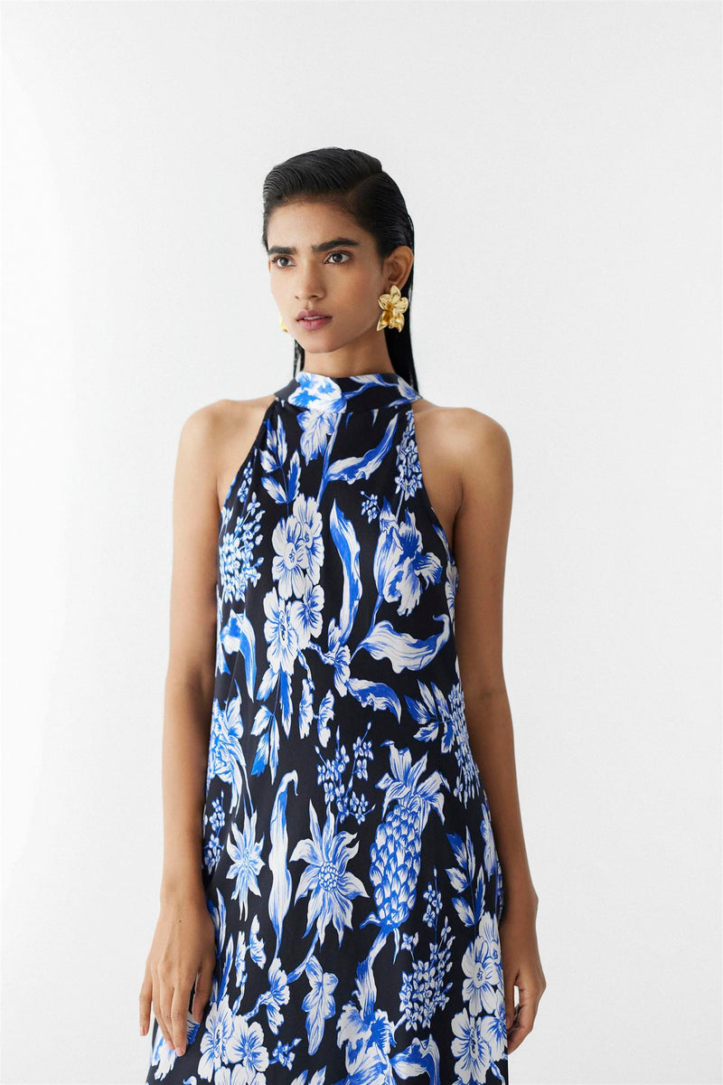 New Season Summer to Fall 2023-Dress Halter Vegan Silk Black Blue Pineapple Print-Studio Rigu-Fashion Edit Amazonico - Shop Cult Modern