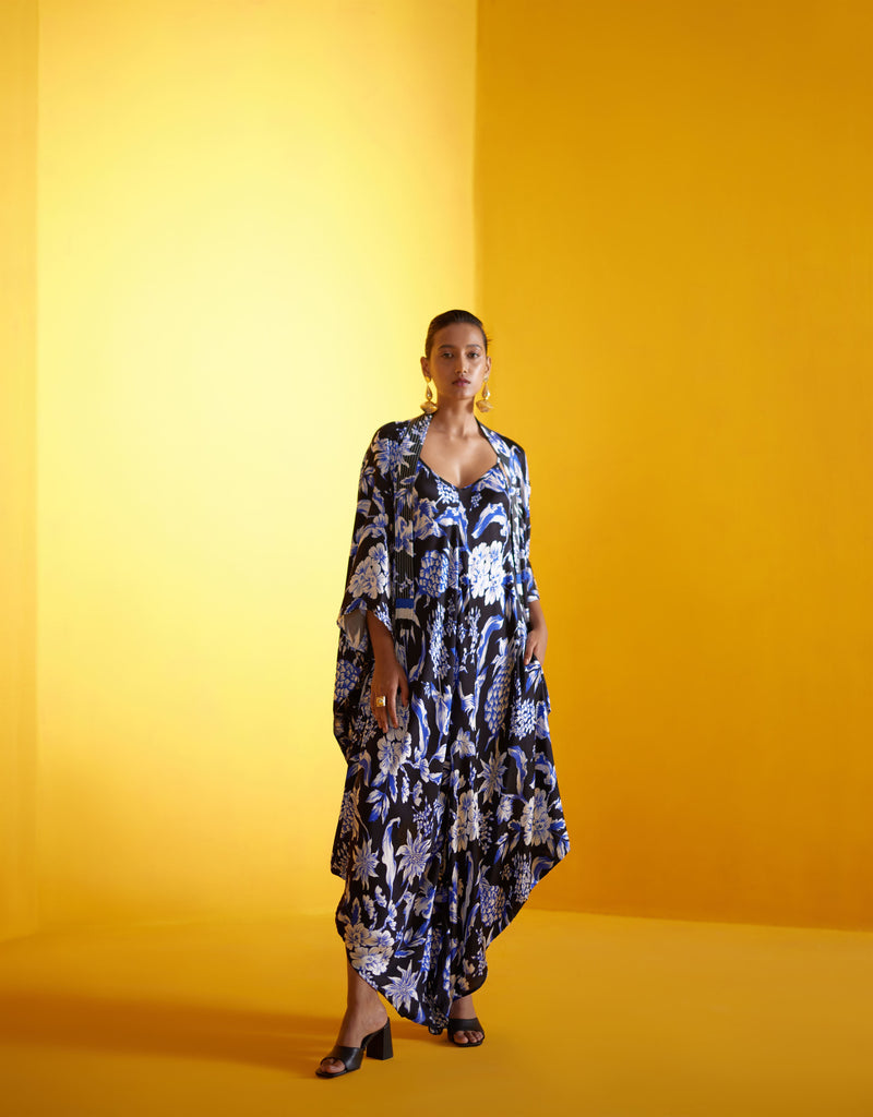 New Season Summer to Fall 2023-Co-ord Jumpsuit Cape Vegan Silk Black Blue Pineapple Print-Studio Rigu-Fashion Edit Amazonico - Shop Cult Modern