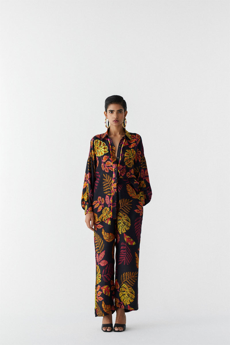 New Season Summer to Fall 2023-Co-ord Rainforest Shirt Trousers Vegan Silk Black Multi Color Print -Studio Rigu-Fashion Edit Amazonico - Shop Cult Modern