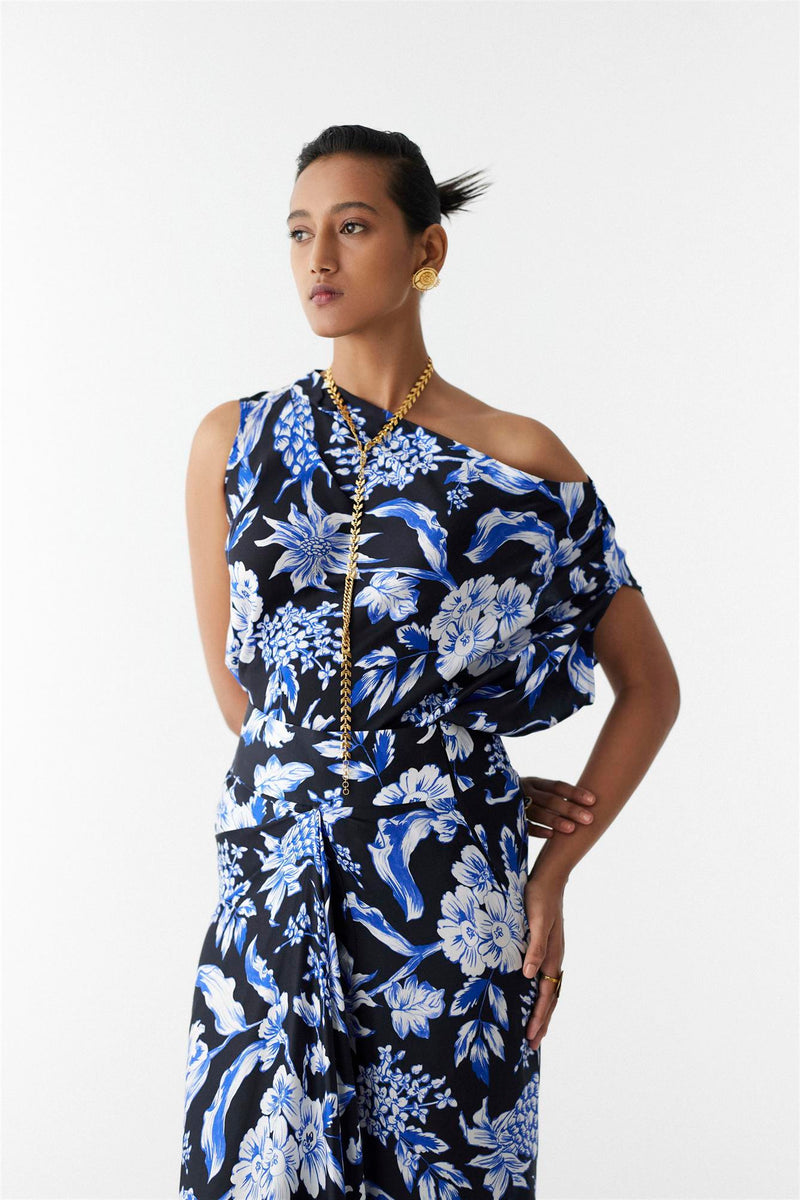 New Season Summer to Fall 2024-Co-ord Top Knot Skirt Vegan Silk Black Blue Pineapple Print-Studio Rigu-Fashion Edit Amazonico - Shop Cult Modern