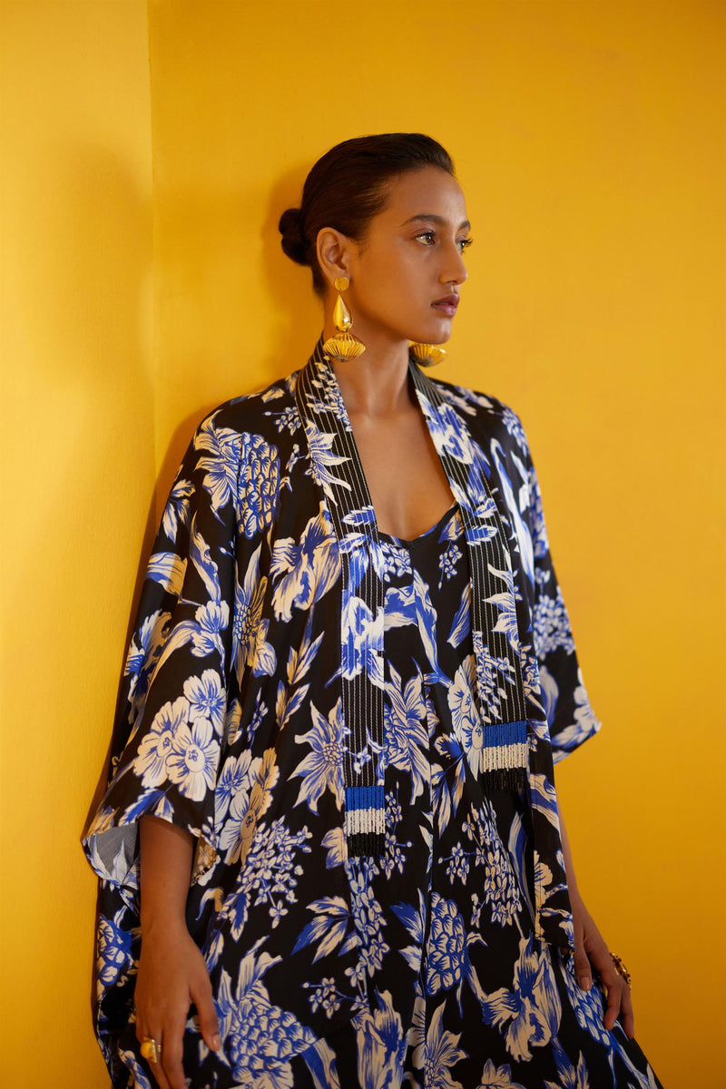 New Season Summer to Fall 2024-Co-ord Jumpsuit Cape Vegan Silk Black Blue Pineapple Print-Studio Rigu-Fashion Edit Amazonico - Shop Cult Modern