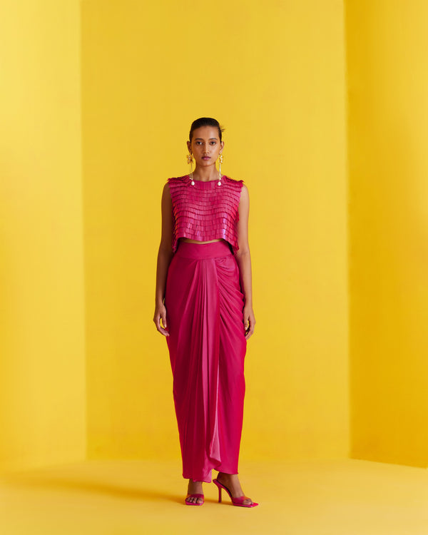 New Season Summer to Fall 2023-Co-ord Scarlet Sequin Blouse Knot Skirt Vegan Silk Pink-Studio Rigu-Fashion Edit Amazonico - Shop Cult Modern