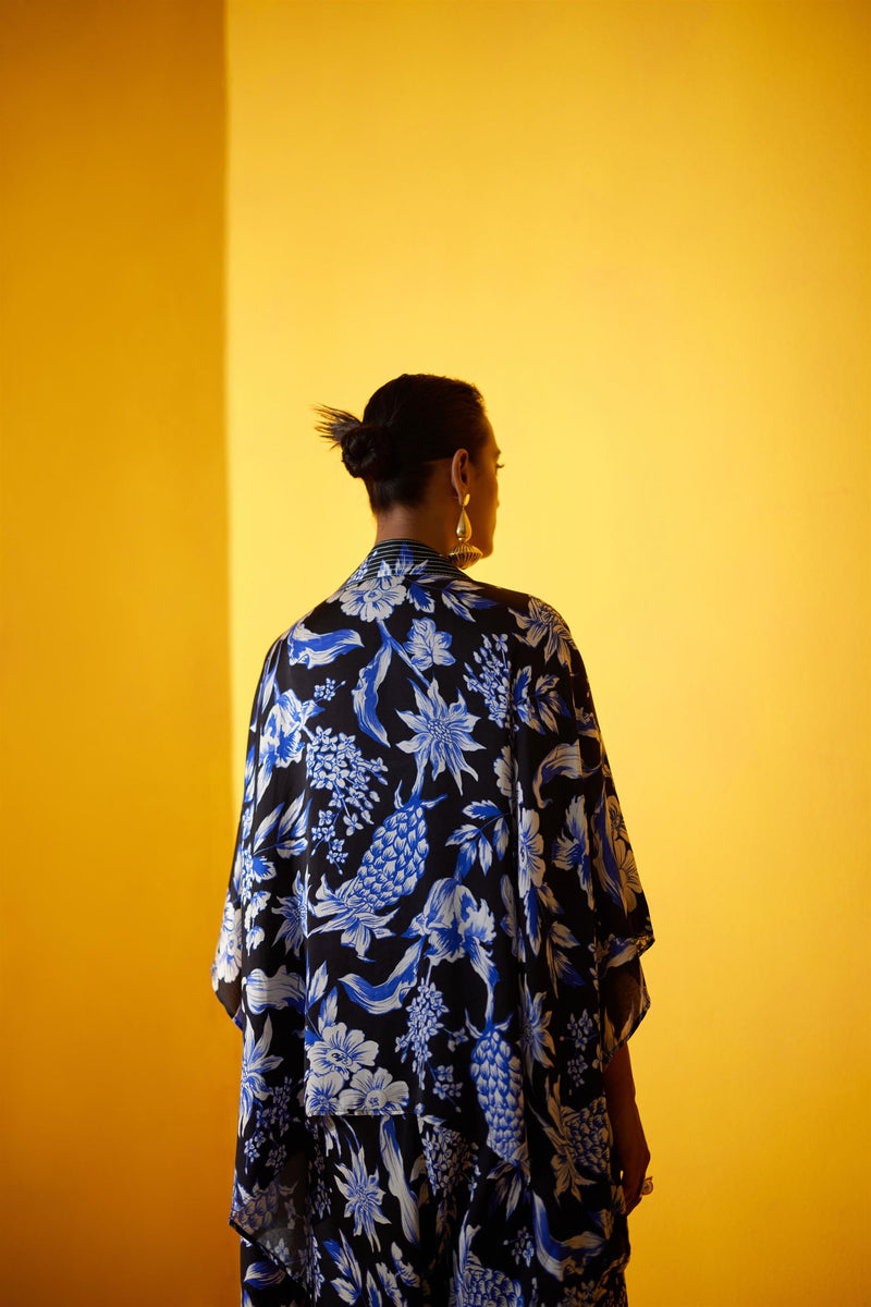 New Season Summer to Fall 2023-Co-ord Jumpsuit Cape Vegan Silk Black Blue Pineapple Print-Studio Rigu-Fashion Edit Amazonico - Shop Cult Modern
