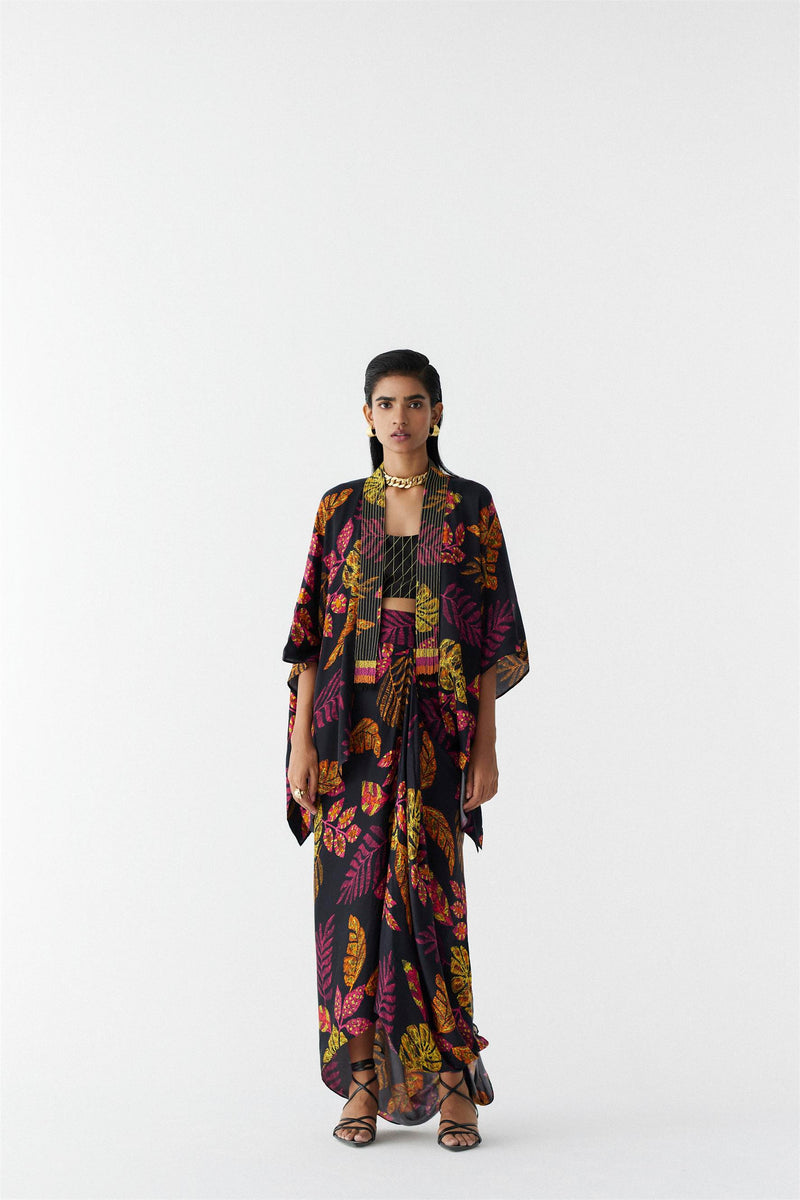 New Season Summer to Fall 2023-Co-ord Rain Forest Knot Style Skirt With Blouse Vegan Silk Black Multi Color Print -Studio Rigu-Fashion Edit Amazonico - Shop Cult Modern