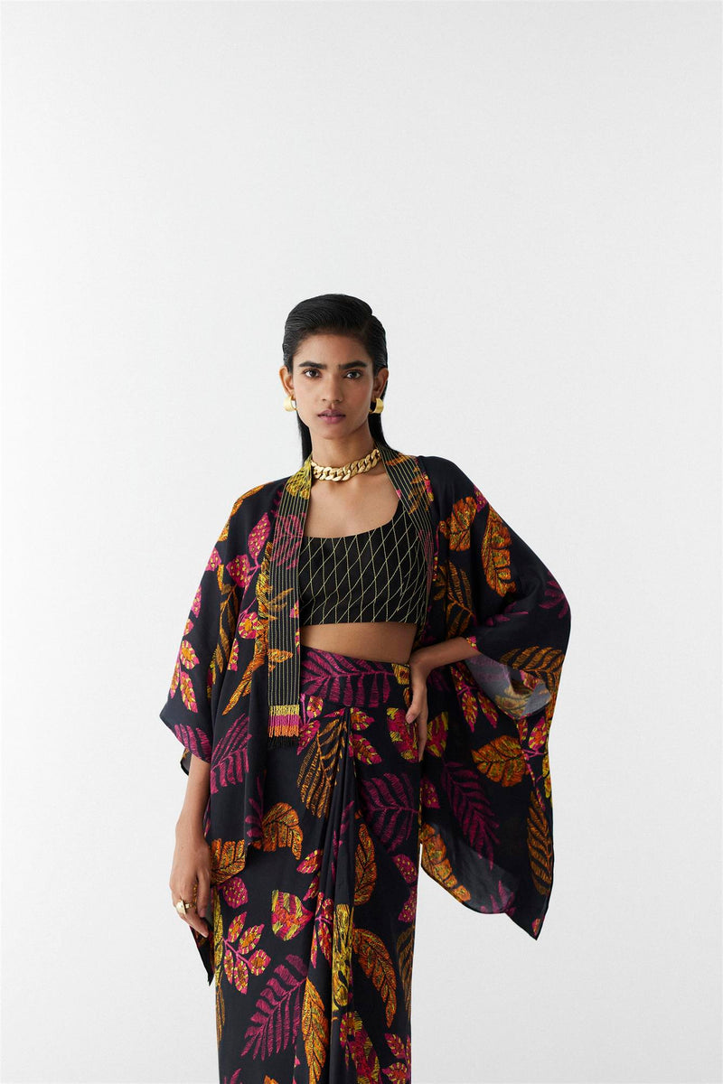 New Season Summer to Fall 2023-Co-ord Rain Forest Knot Style Skirt With Blouse Vegan Silk Black Multi Color Print -Studio Rigu-Fashion Edit Amazonico - Shop Cult Modern