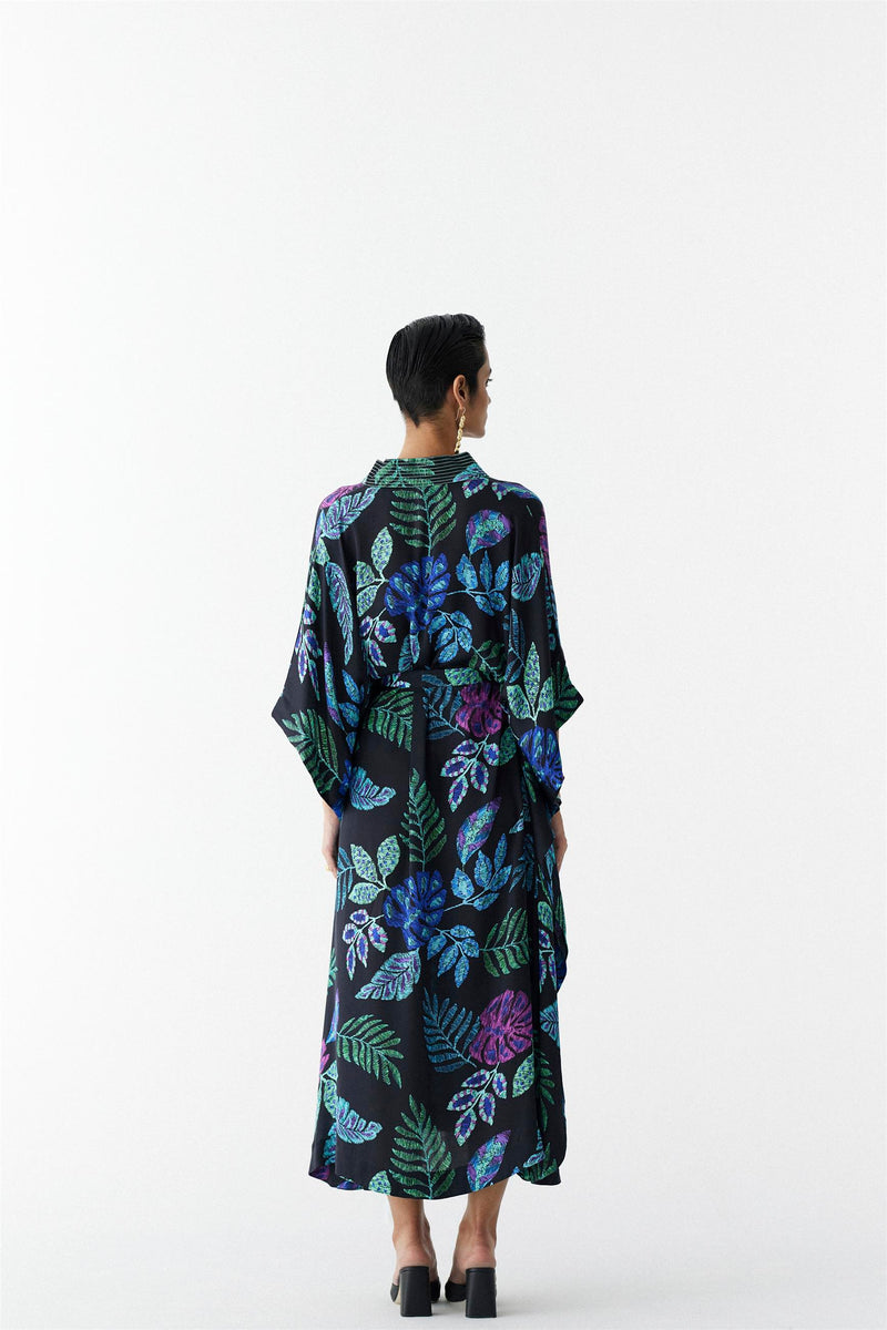 New Season Summer to Fall 2023-Kaftan Jungle Vegan Silk Black Multi Color Print -Studio Rigu-Fashion Edit Amazonico - Shop Cult Modern