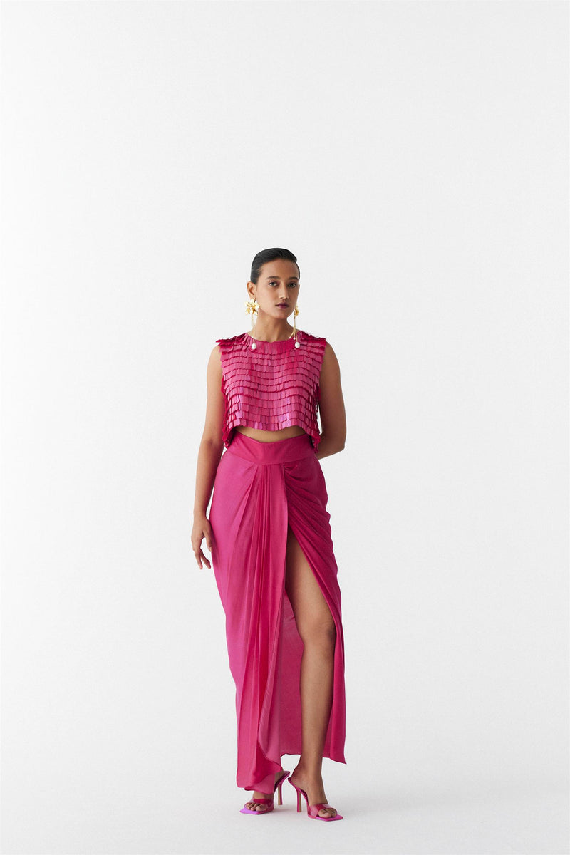 New Season Summer to Fall 2023-Co-ord Scarlet Sequin Blouse Knot Skirt Vegan Silk Pink-Studio Rigu-Fashion Edit Amazonico - Shop Cult Modern