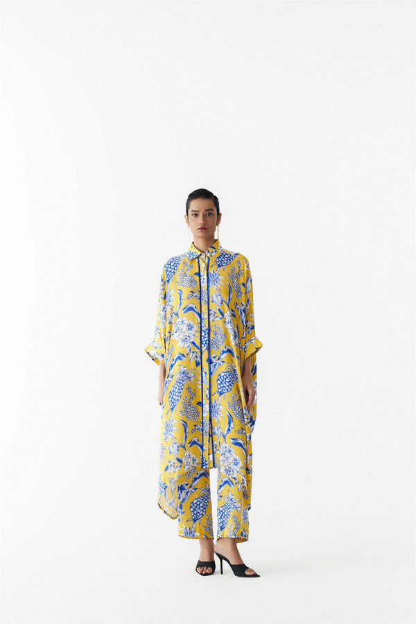 New Season Summer to Fall 2023-Co-ord Button Kimono Pants Vegan Silk yellow Blue Pinepple Print-Studio Rigu-Fashion Edit Amazonico - Shop Cult Modern