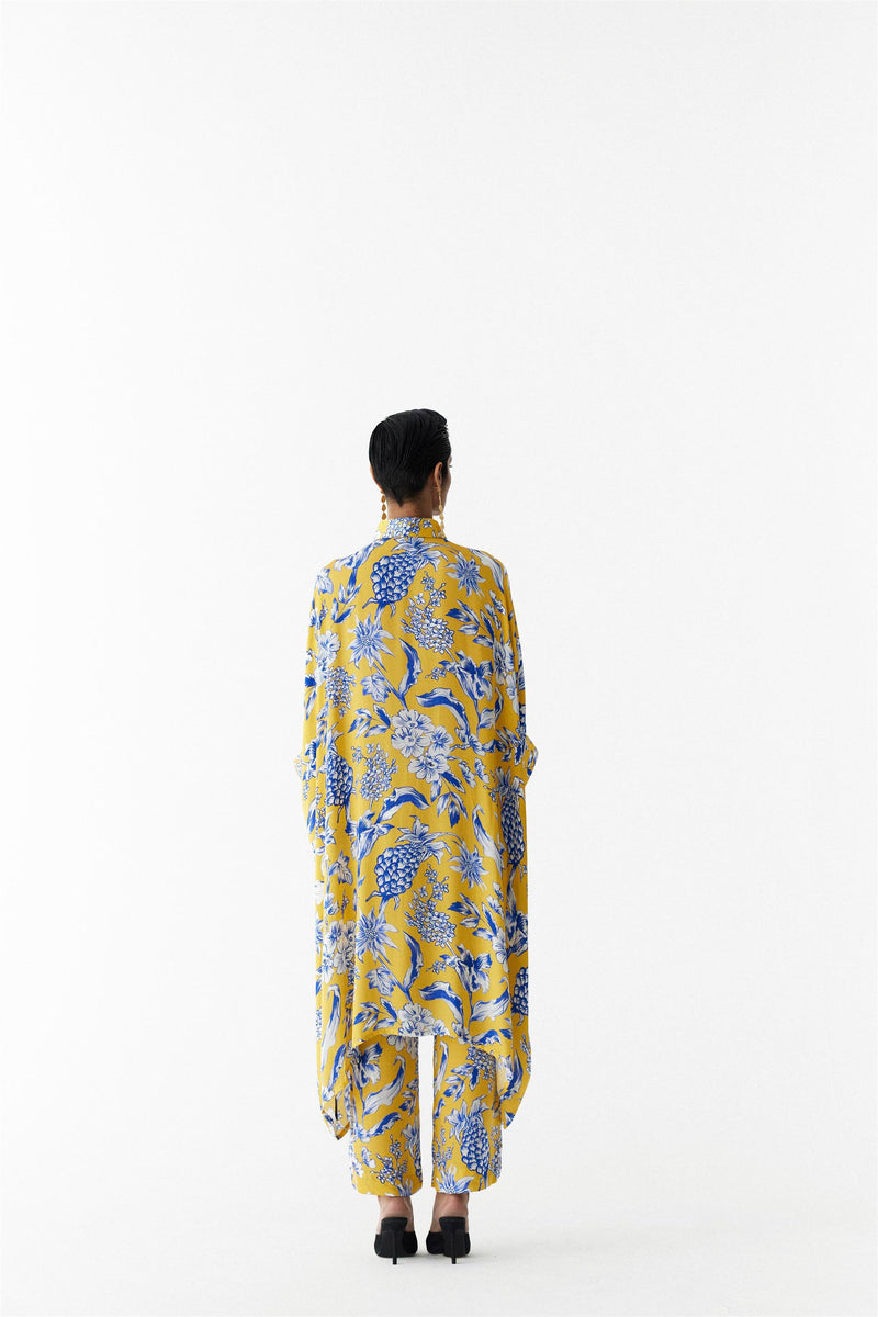 New Season Summer to Fall 2023-Co-ord Button Kimono Pants Vegan Silk yellow Blue Pinepple Print-Studio Rigu-Fashion Edit Amazonico - Shop Cult Modern