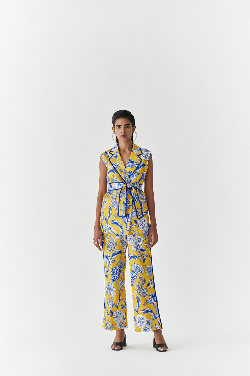 New Season Summer to Fall 2023-Co-ord Blazer Pants Vegan Silk yellow Blue Pinepple Print-Studio Rigu-Fashion Edit Amazonico - Shop Cult Modern