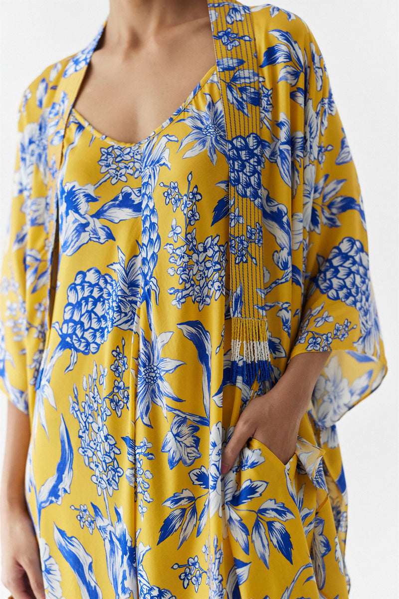 New Season Summer to Fall 2023-Co-ord Strappy Jumpsuit Cape Vegan Silk yellow Blue Pinepple Print-Studio Rigu-Fashion Edit Amazonico - Shop Cult Modern