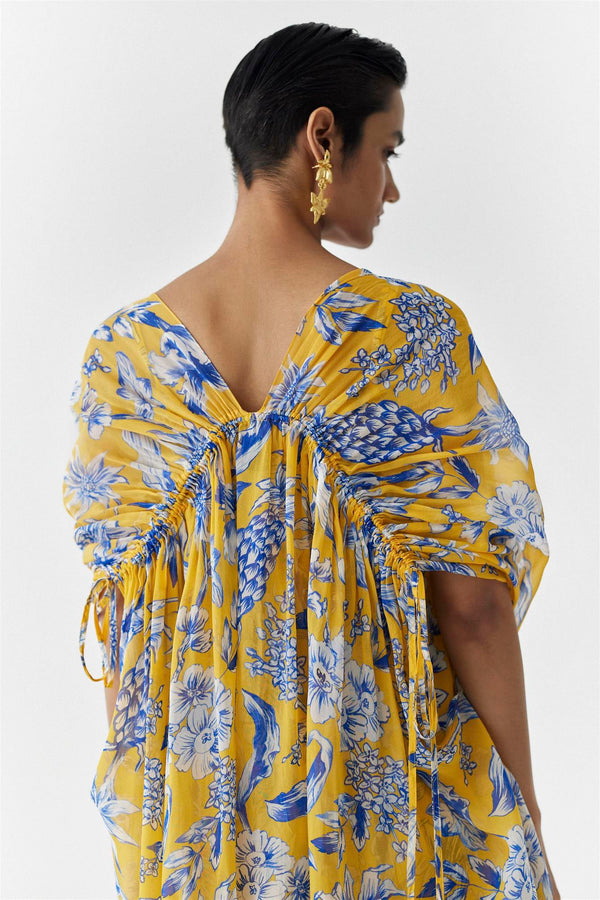 New Season Summer to Fall 2023-Cape drawstring Organza yellow Blue Pinepple Print-Studio Rigu-Fashion Edit Amazonico - Shop Cult Modern