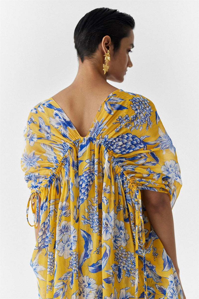 New Season Summer to Fall 2023-Cape drawstring Organza yellow Blue Pinepple Print-Studio Rigu-Fashion Edit Amazonico - Shop Cult Modern