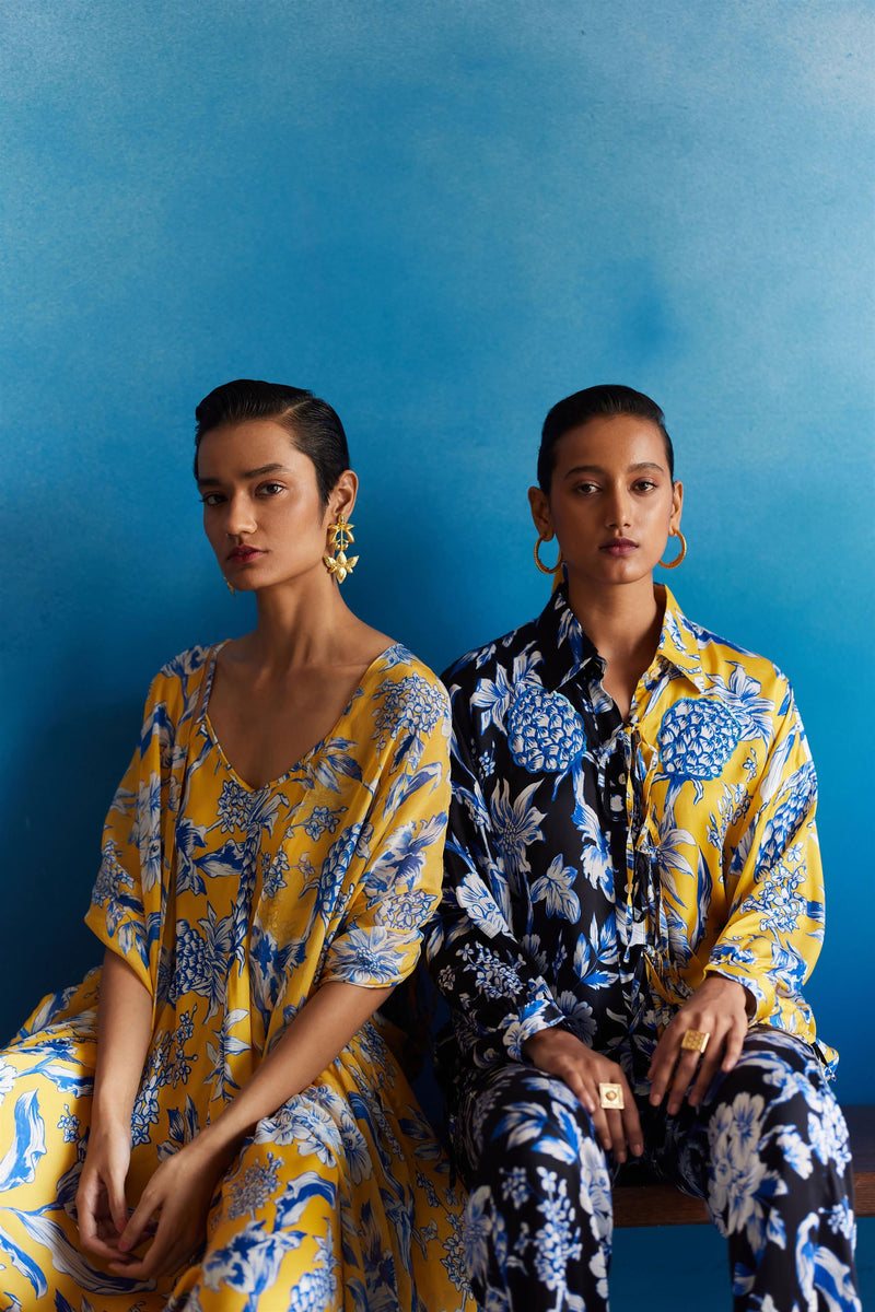 New Season Summer to Fall 2023-Co-ord Shirt Trousers Vegan Silk yellow Black Blue Pineapple Print-Studio Rigu-Fashion Edit Amazonico - Shop Cult Modern