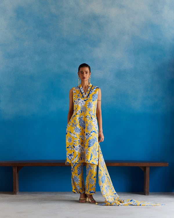 New Season Summer to Fall 2023-Co-ord Kurta Pants Vegan Silk yellow Blue Pinepple Print-Studio Rigu-Fashion Edit Amazonico - Shop Cult Modern