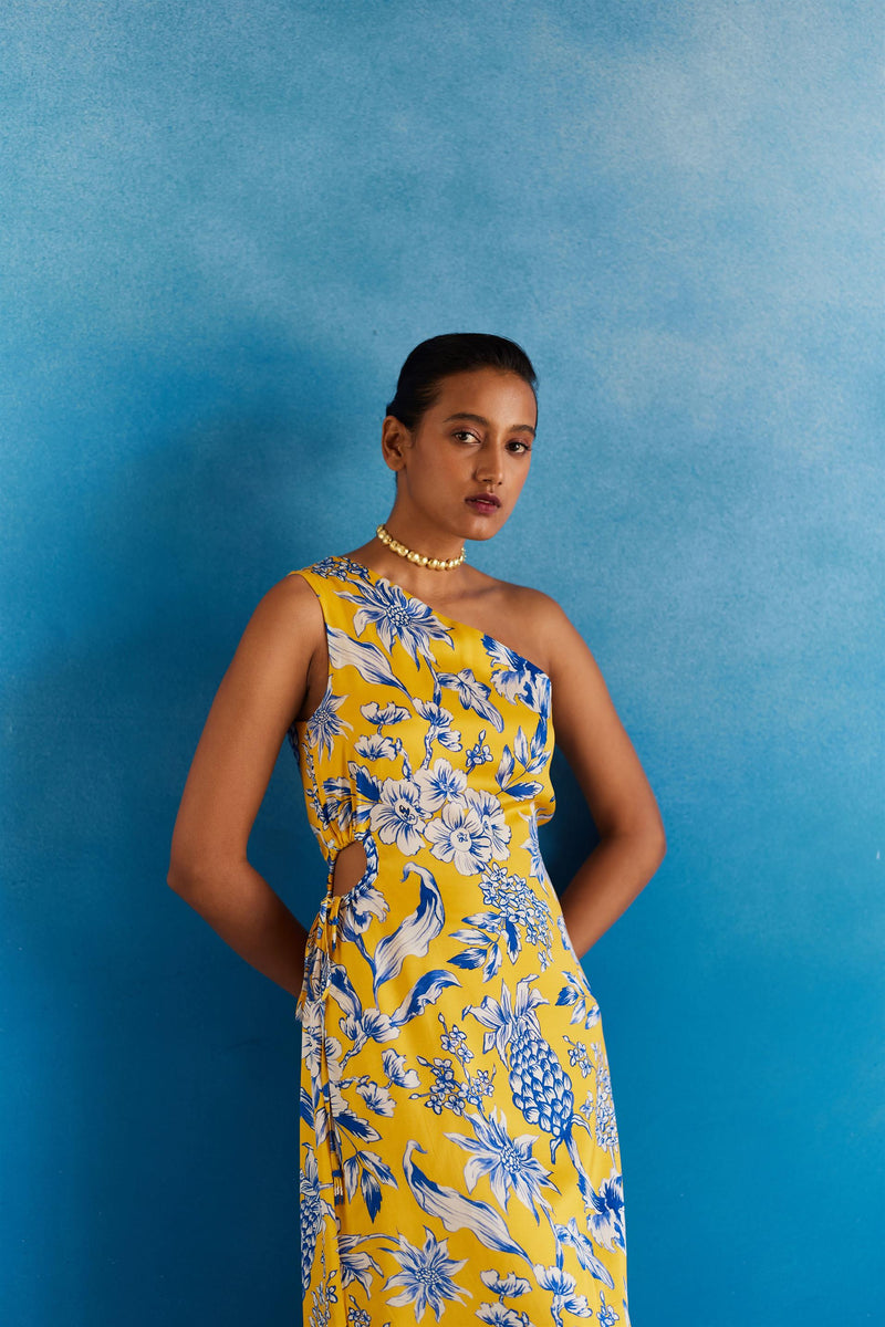 New Season Summer to Fall 2023-Dress One Shoulder Vegan Silk yellow Blue Pinepple Print-Studio Rigu-Fashion Edit Amazonico - Shop Cult Modern
