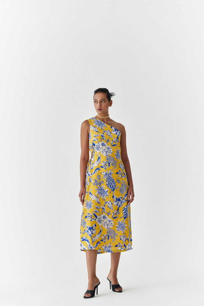 New Season Summer to Fall 2023-Dress One Shoulder Vegan Silk yellow Blue Pinepple Print-Studio Rigu-Fashion Edit Amazonico - Shop Cult Modern