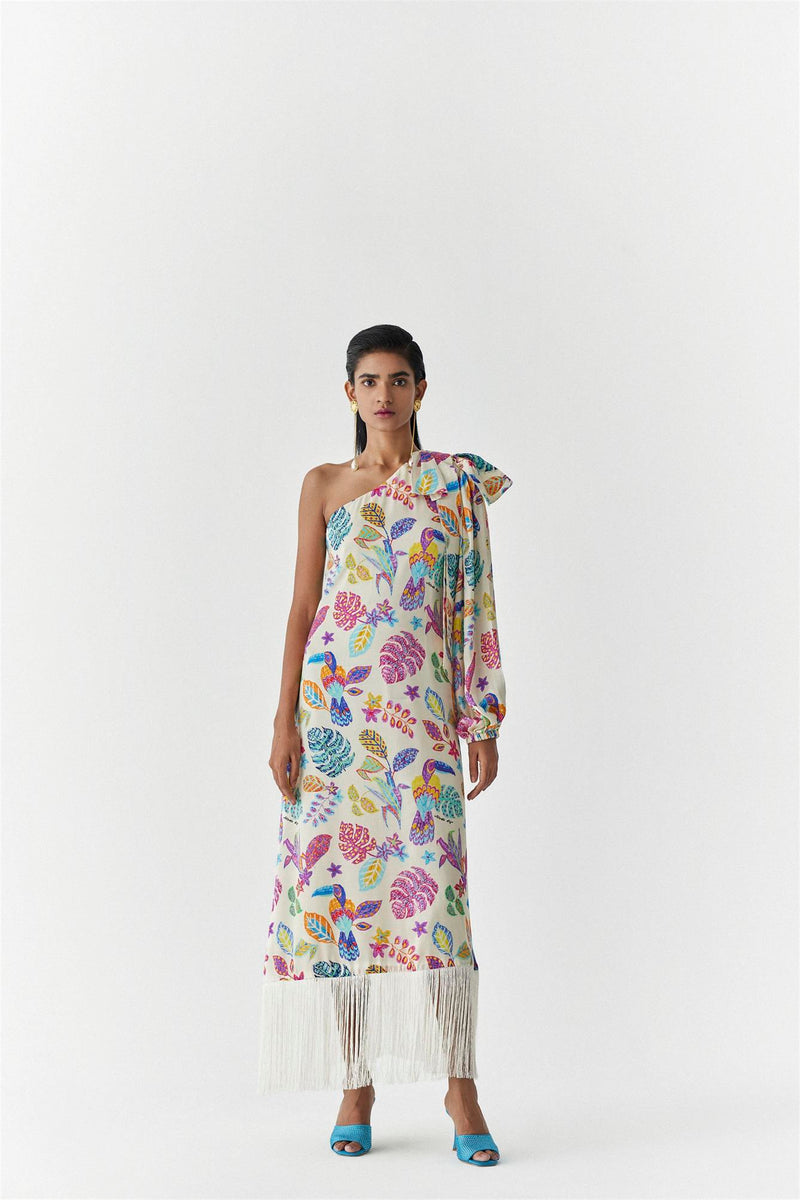 New Season Summer to Fall 2023-Dress Amazon One Shoulder Vegan Silk Beige Multi Color Bird Print-Studio Rigu-Fashion Edit Amazonico - Shop Cult Modern