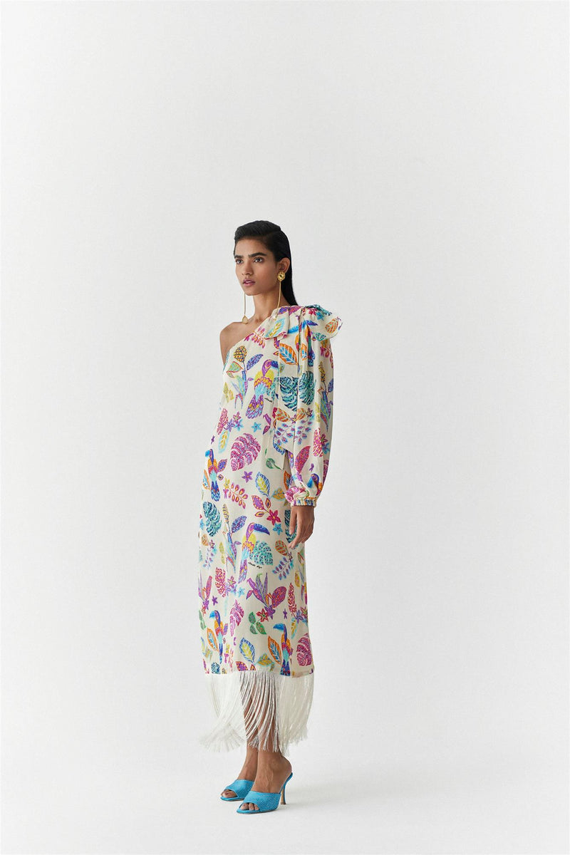 New Season Summer to Fall 2023-Dress Amazon One Shoulder Vegan Silk Beige Multi Color Bird Print-Studio Rigu-Fashion Edit Amazonico - Shop Cult Modern