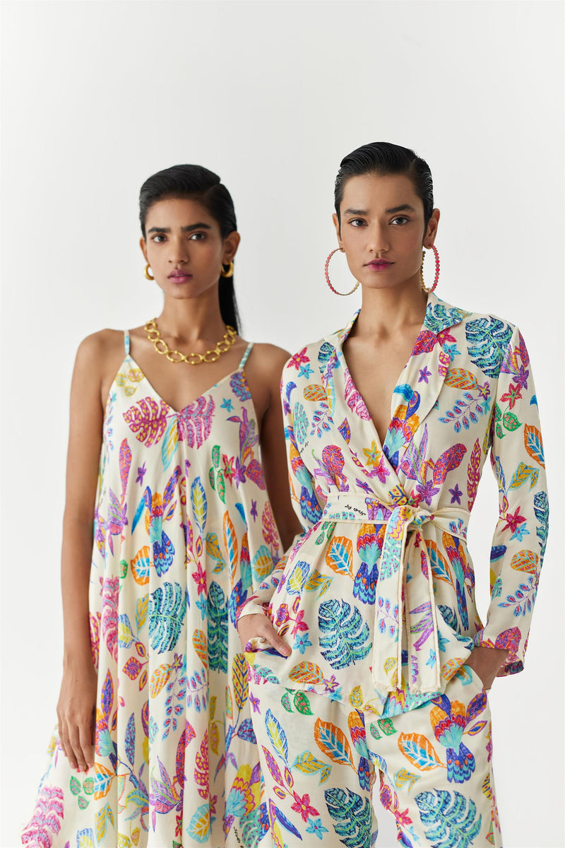 New Season Summer to Fall 2023-Co-ord Amazon Blazer Shirt Trousers Vegan Silk Beige Multi Color Bird Print-Studio Rigu-Fashion Edit Amazonico - Shop Cult Modern
