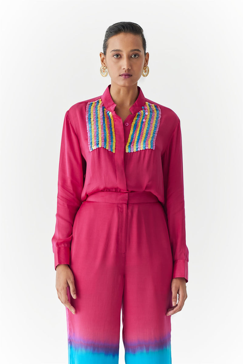 New Season Summer to Fall 2023-Co-ord Dip Dye Shirt Trousers Vegan Silk Blue to Pink Ombre-Studio Rigu-Fashion Edit Amazonico - Shop Cult Modern