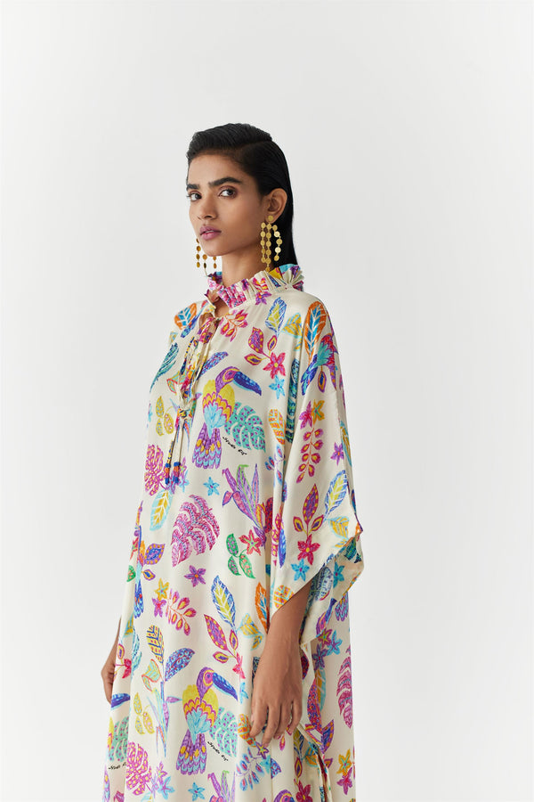 New Season Summer to Fall 2023-Co-ord Amazon Kimono Pants Vegan Silk Beige Multi Color Bird Print-Studio Rigu-Fashion Edit Amazonico - Shop Cult Modern