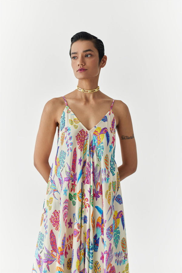 New Season Summer to Fall 2023-Dress Amazon Strappy Vegan Silk Beige Multi Color Bird Print-Studio Rigu-Fashion Edit Amazonico - Shop Cult Modern