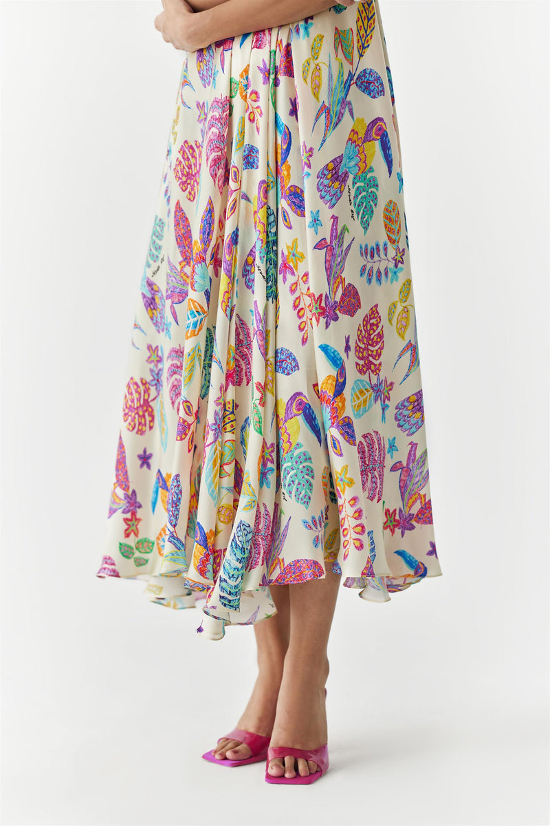 New Season Summer to Fall 2023-Dress Amazon Strappy Vegan Silk Beige Multi Color Bird Print-Studio Rigu-Fashion Edit Amazonico - Shop Cult Modern
