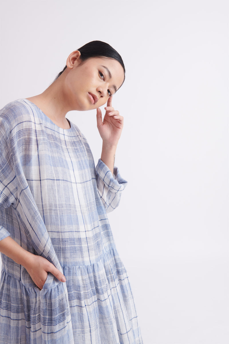 Buy Blue Checks Linen Gauze Dress by The Plavate-ShopCultModern Buy Blue Checks Linen Gauze Dress by The Plavate-ShopCultModern