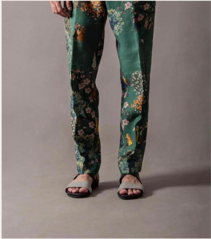 New Season Spring Summer 2024-Trouser-Linen Green Cherry Blossom-SDLGCB-Fashion Edit by Suket Dhir - Shop Cult Modern