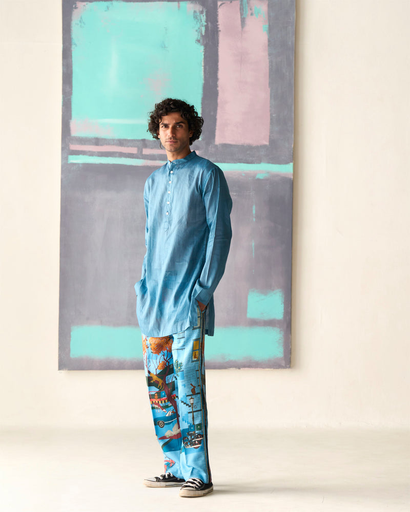 Summer Tunic Kurta Chhote Miyan Linen Voile Dusty Blue K202VL93 SuketDhir - Shop Cult Modern