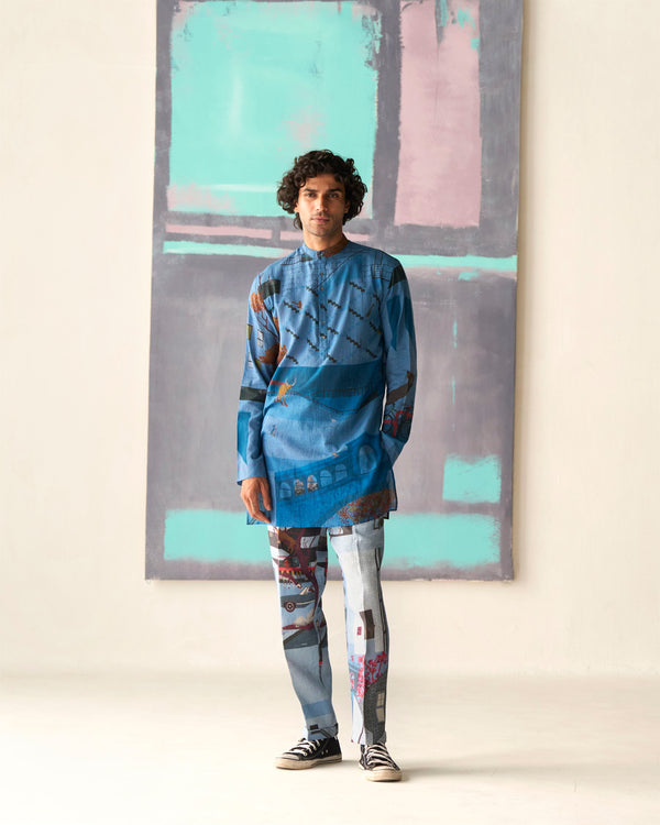 Summer Tunic Kurta Animal Chhote Miyan Cotton Blue K202CO405 SuketDhir - Shop Cult Modern