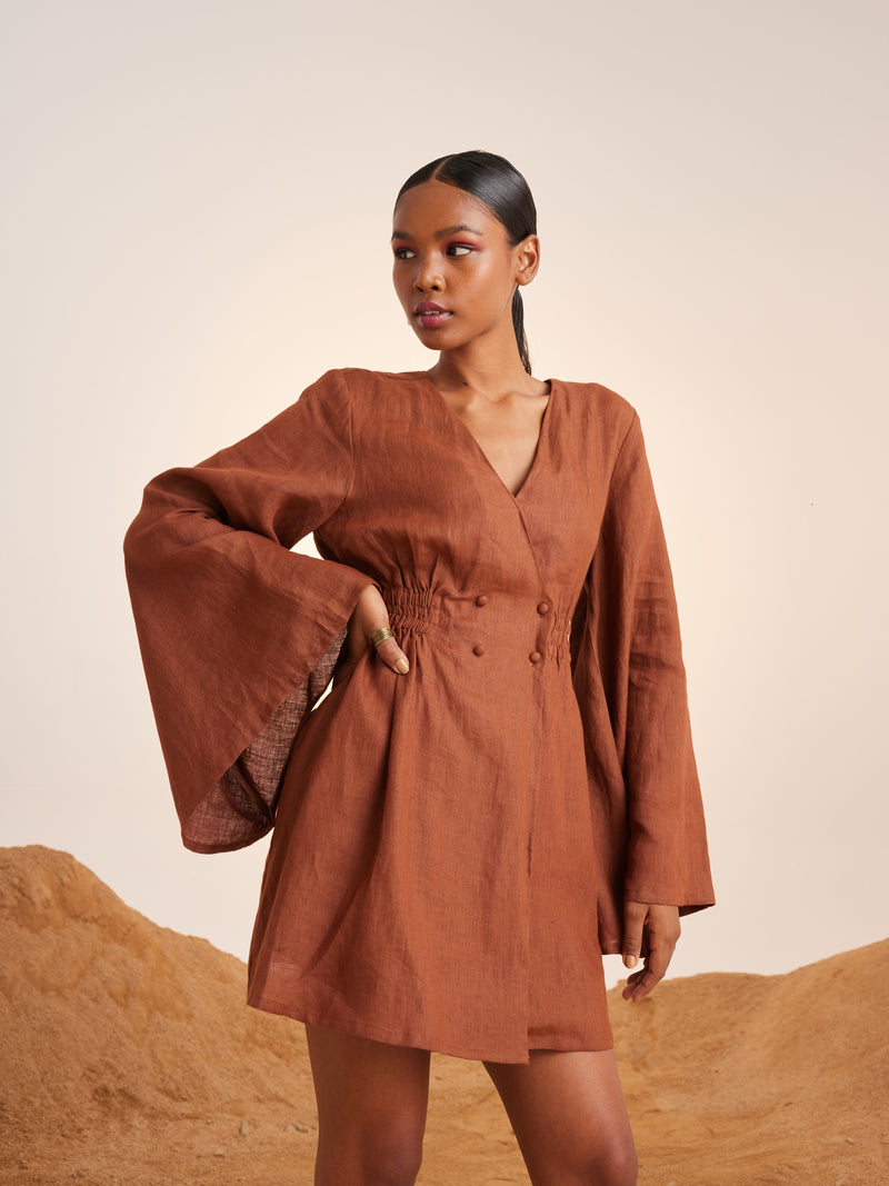 Summer Dress Bell Sleeves-Rust-Linen-Ss25-Bsd-Rst-Cord - Shop Cult Modern