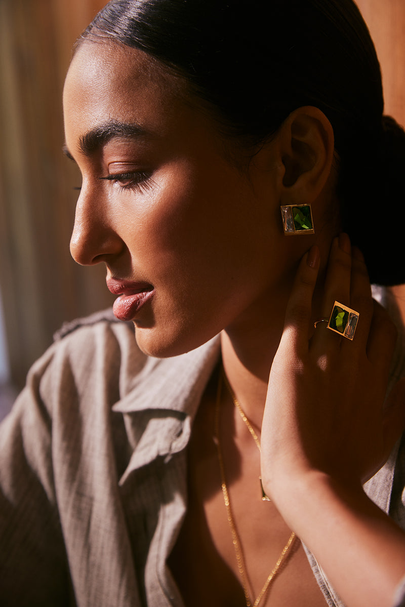 Fashion Jewelry-18k Gold Plated-Earring-Fusion Crystal-Green-VOYCE1041-Fashion Edit Voyce - Shop Cult Modern