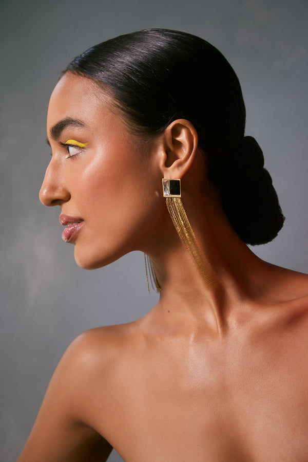 Fashion Jewelry-18k Gold Plated-Earring-Fusion Crystal Tassel-Black & White-VOYCE1045-Fashion Edit Voyce - Shop Cult Modern