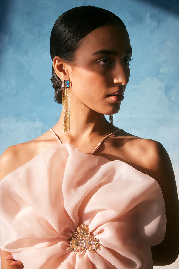 Fashion Jewelry-18k Gold Plated-Earring-Fusion Crystal Tassel-White-VOYCE1044-Fashion Edit Voyce - Shop Cult Modern