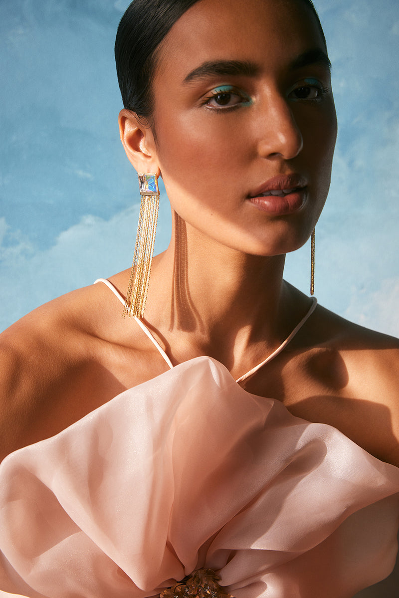 Fashion Jewelry-18k Gold Plated-Earring-Fusion Crystal Tassel-White-VOYCE1044-Fashion Edit Voyce - Shop Cult Modern