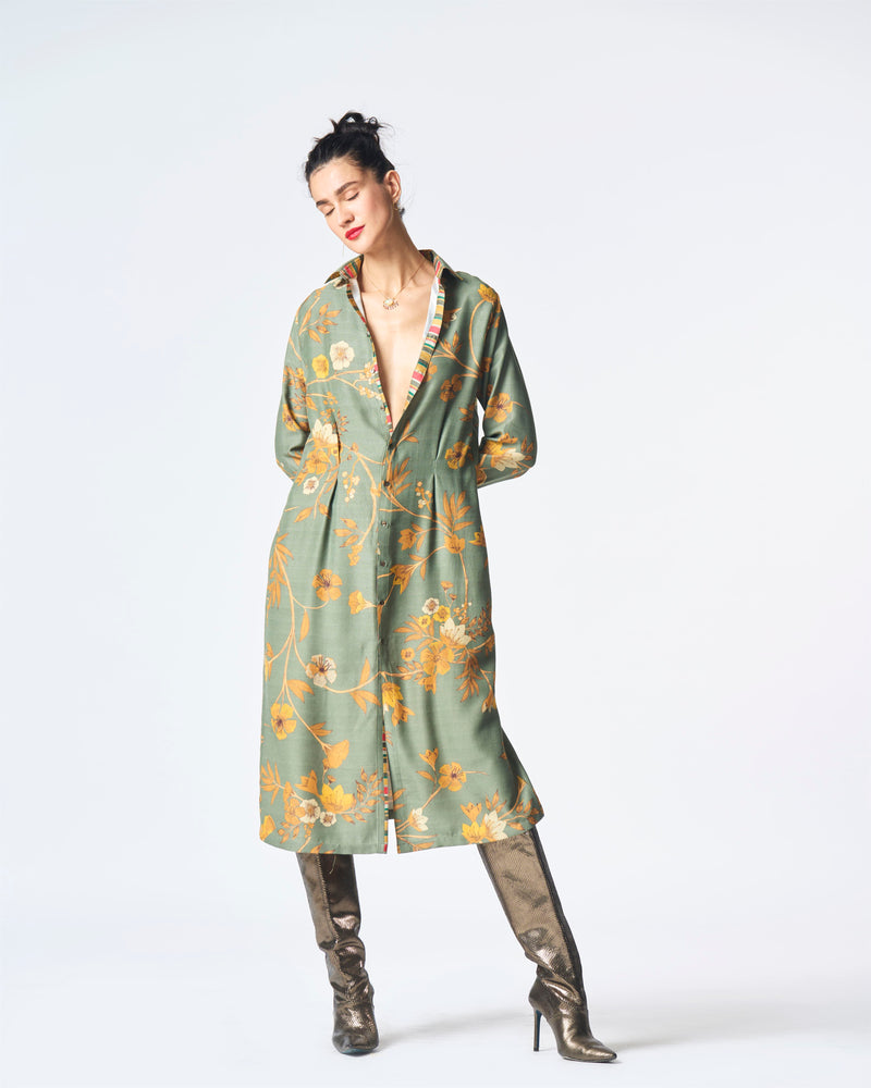 Summer-Dress Pleated Sage Muga Satin Silk-Fashion Edit Orchard-WDR501MT538-SUKETDHIR - Shop Cult Modern